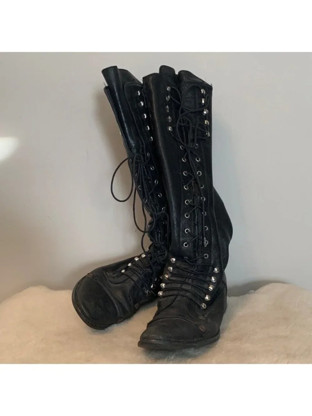 Charles David Knee High Tall Black Leather Lace-Up Boots 7